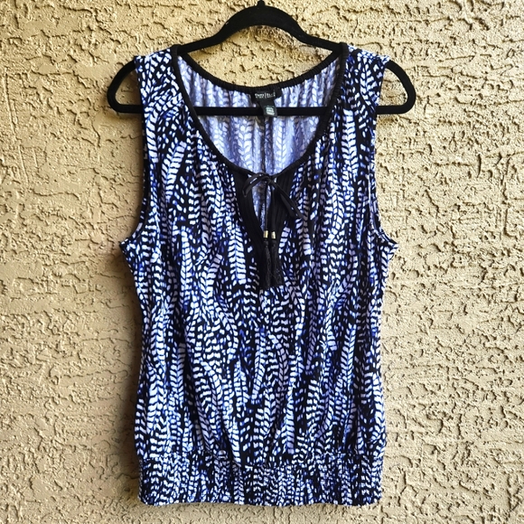 White House Black Market Blue, White, Black Tassel Tie Blouson Smock-Hem Top Lg - Picture 9 of 13